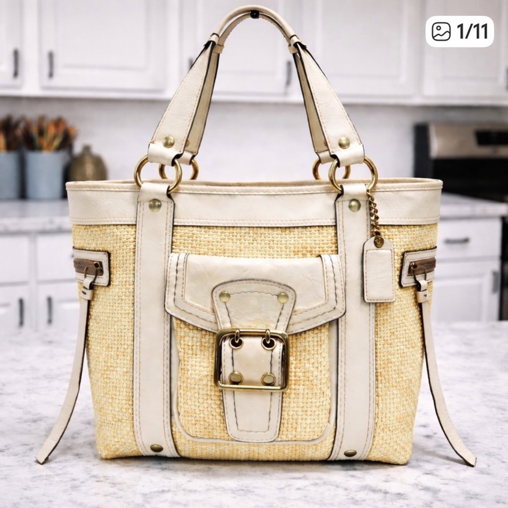 Coach Vintage ‘05 Straw Rattan Legacy Tote White Leather Woven Satchel Y2K